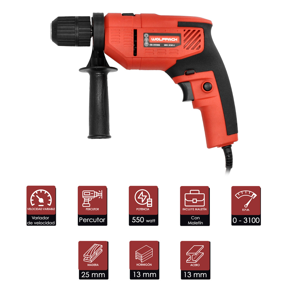 Taladro Percutor 550 Watt 13 mm. Con Variador de Velocidad. Incluye Empuñadura y Guia Metalica. - Imagen 2