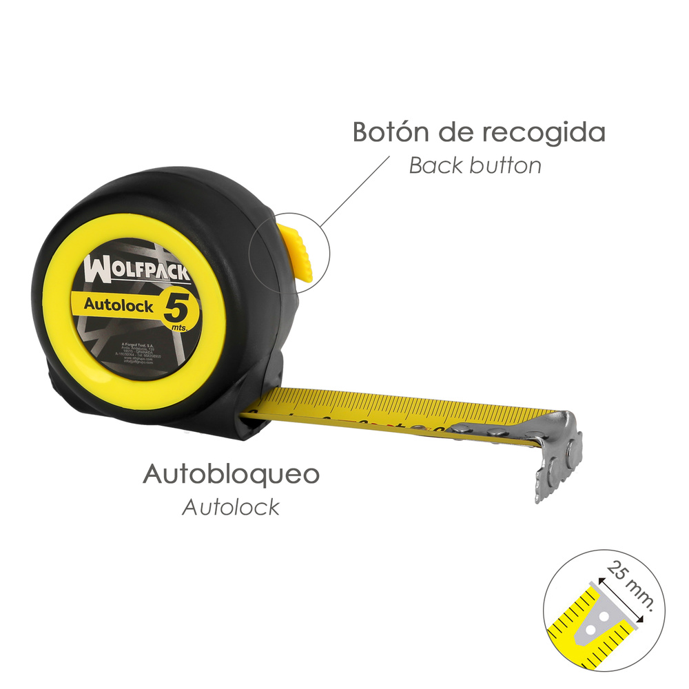 Flexometro Sistema Autolock Con Freno Automatico Longitud 5 Metros Ancho Cinta 25 mm. Magnetico. Cinta Metrica Freno Automatico - Imagen 2