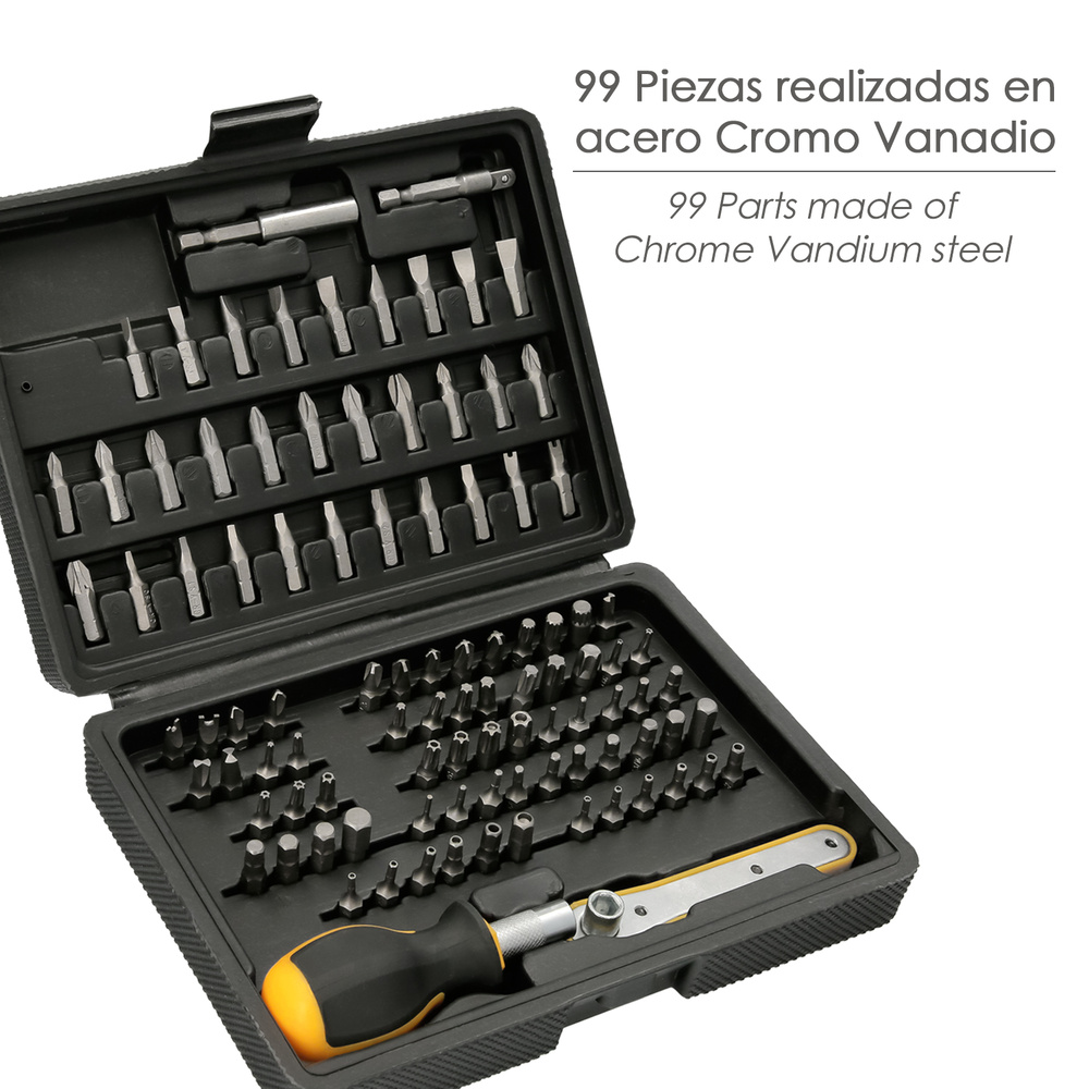 Juego Puntas con Destornillador 1/4" 99 Pzs. Con Apadtador. Cromo Vanadio, Kit Llave Combinada, Kit Carraca, - Imagen 2
