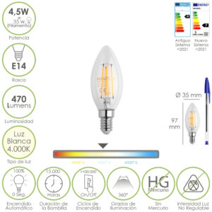 Bombilla Led Filamento Vela Rosca E14. 4,5 Watt. Equivale A 35 Watt. 470 Lumenes. Luz Neutra 4000º K.