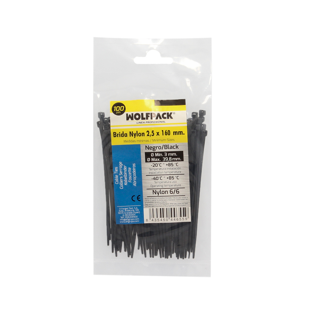 Brida Nylon 100%. Color Negro 2,5 x 160 mm. Bolsa 100 unidades. Abrazadera Plastico, Organizador Cables, Alta Resistencia - Imagen 5