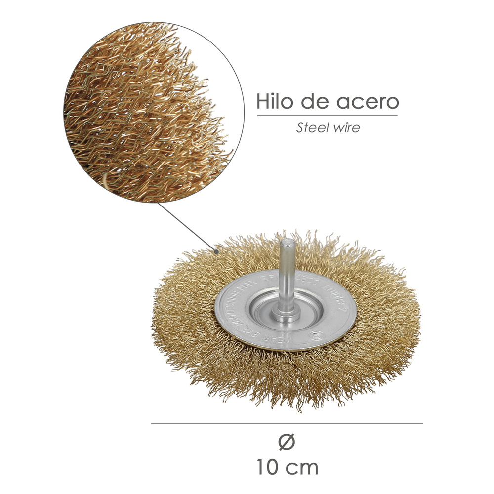 Cepillo Acero Latonado Para Taladro. Disco Ø 100 mm. Espiga 1/4" Cepillo Taladro Alambre Latón, Cepillo Limpieza, Cepillo Pulir. - Imagen 2