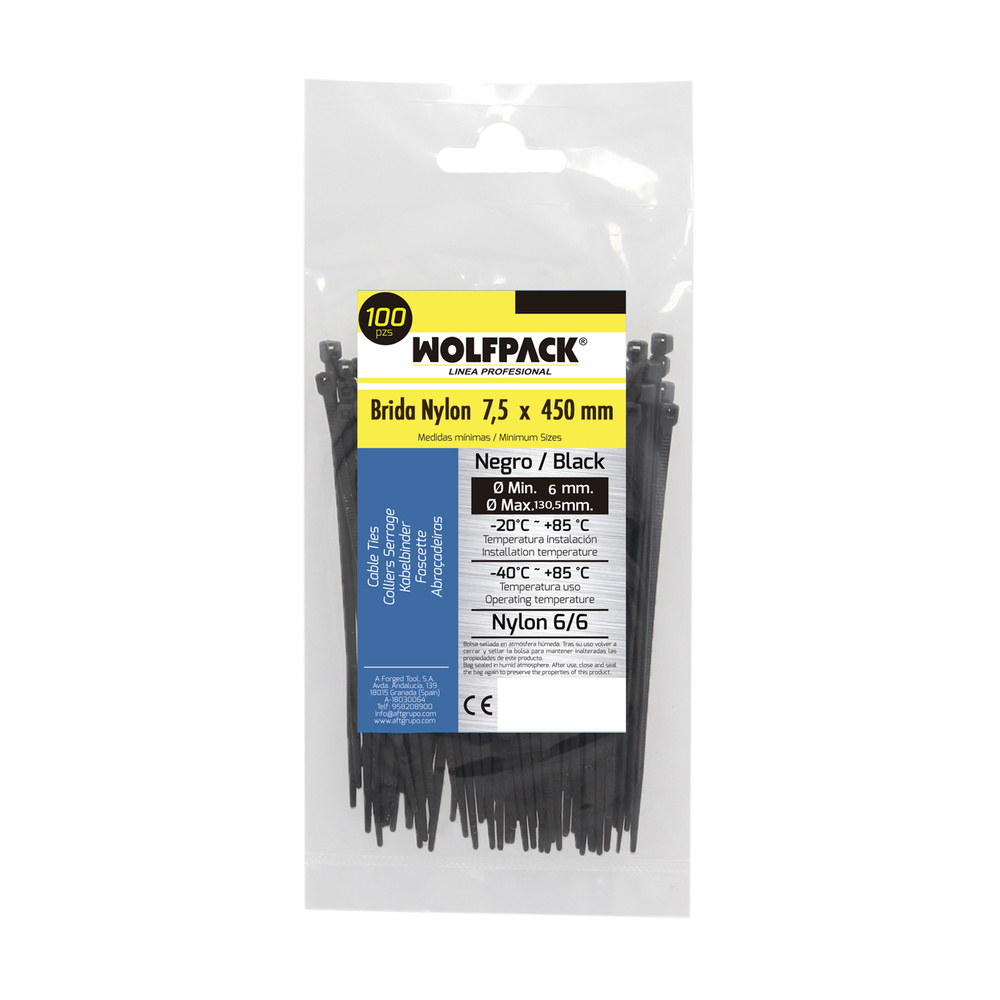 Brida Nylon 100%. Color Negro 7,5 x 450 mm. Bolsa 100 unidades. Abrazadera Plastico, Organizador Cables, Alta Resistencia - Imagen 5