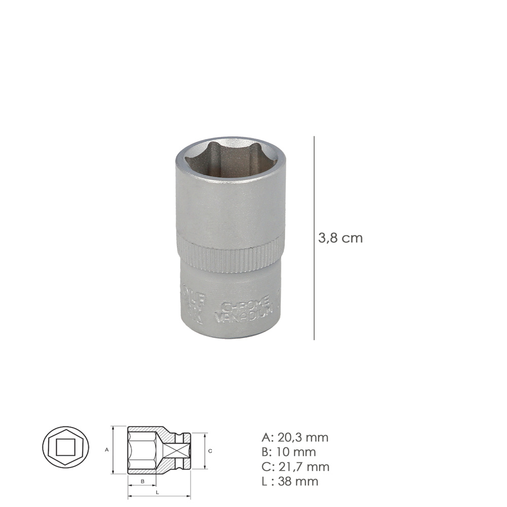 Llave Vaso 1/2" Hexagonal 14 mm. Perfil de 6 caras. Acero Cromo Vanadio, Aristas Redondas - Imagen 2