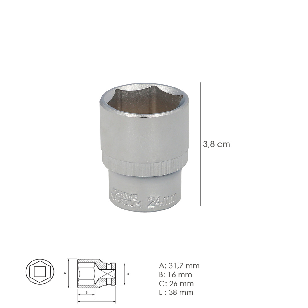 Llave Vaso 1/2" Hexagonal 24 mm. Perfil de 6 caras. Acero Cromo Vanadio, Aristas Redondas - Imagen 2