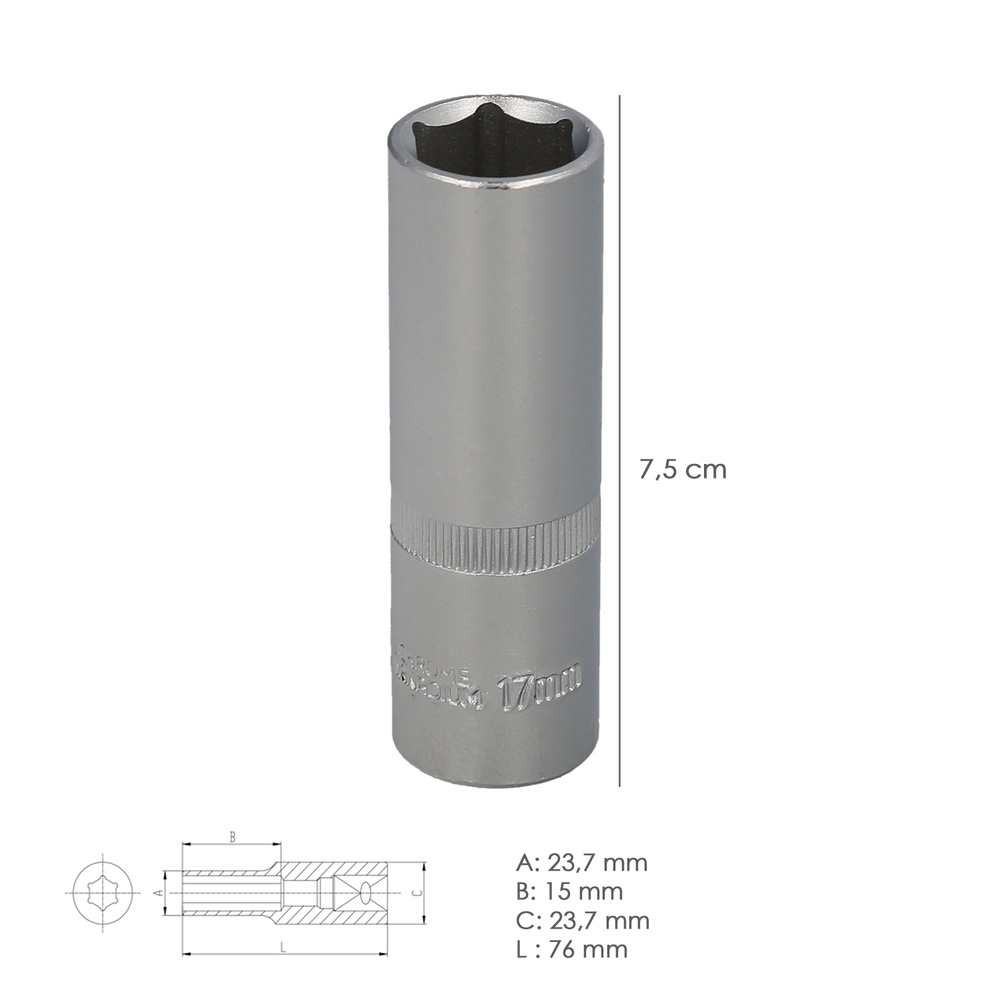 Llave Vaso 1/2" Hexagonal Larga 17 mm. Perfil de 6 caras. Acero Cromo Vanadio, Aristas Redondas - Imagen 2