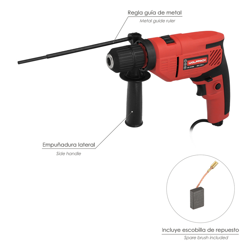 Taladro Percutor 550 Watt 13 mm. Con Variador de Velocidad. Incluye Empuñadura y Guia Metalica. - Imagen 3