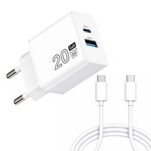 Cargador GaN 20 W. con puertos USB-A y USB-C. incluye cable USB-C a USB-C de 100 cm.