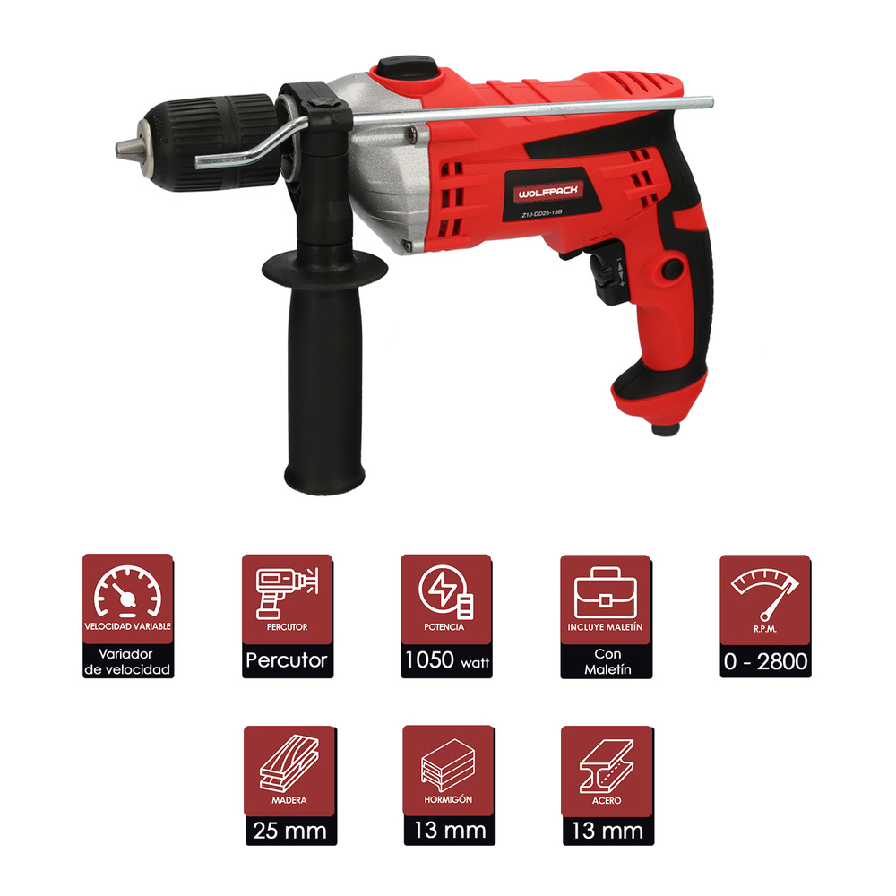 Taladro Percutor Con Variador de Velocidad 1050 Watt. Incluye Maletín, Empuñadura y Guia Metalica. - Imagen 2
