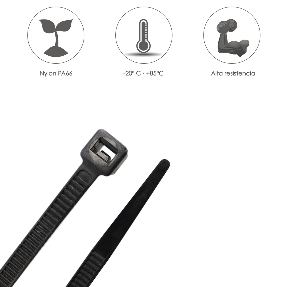 Brida Nylon 100%. Color Negro 2,5 x 200 mm. Bolsa 100 unidades. Abrazadera Plastico, Organizador Cables, Alta Resistencia - Imagen 4
