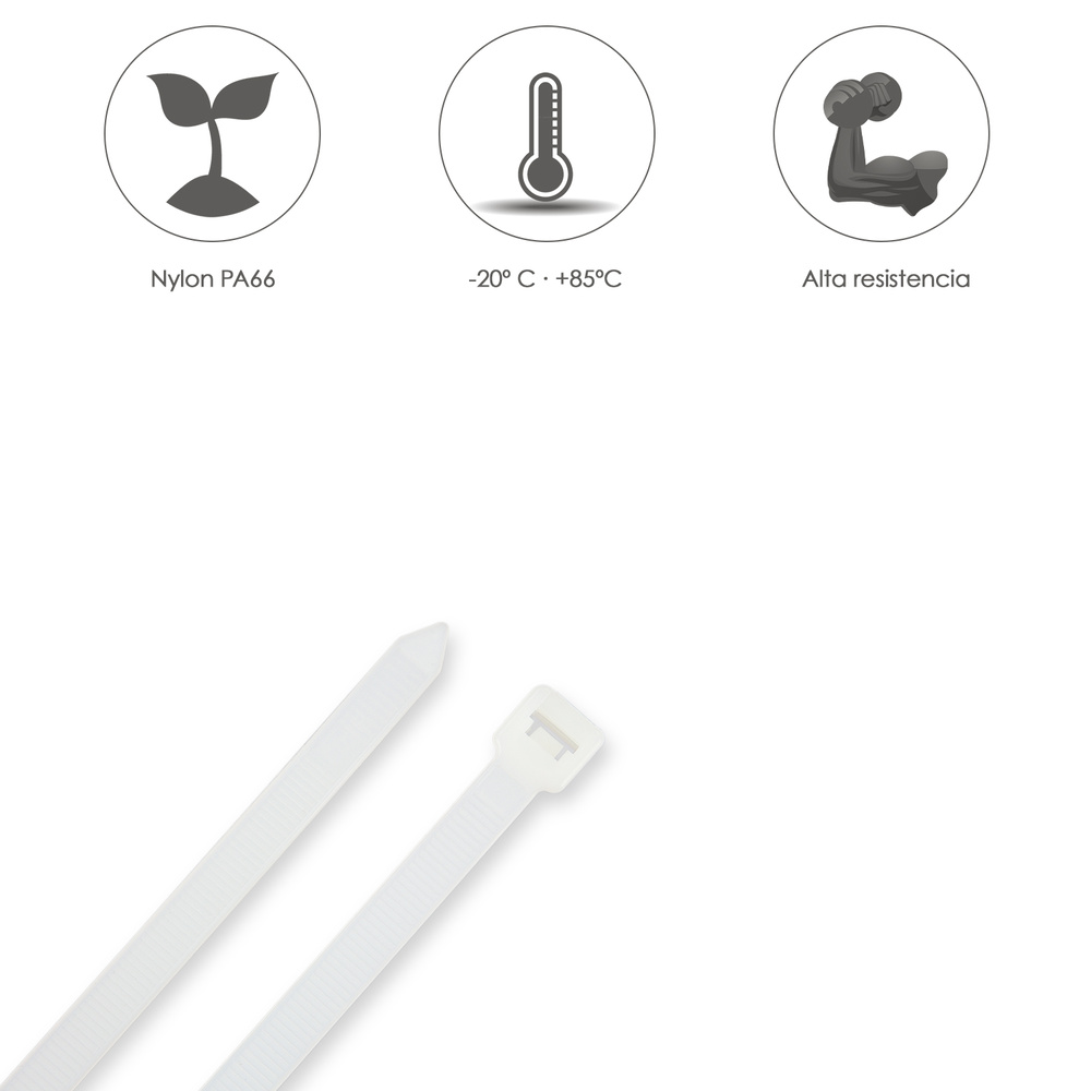 Brida Nylon 100%. Color Blanco / Natural 2,5 x 200 mm. 100 Piezas. Abrazadera Plastico, Organizador Cables, Alta Resistencia - Imagen 4