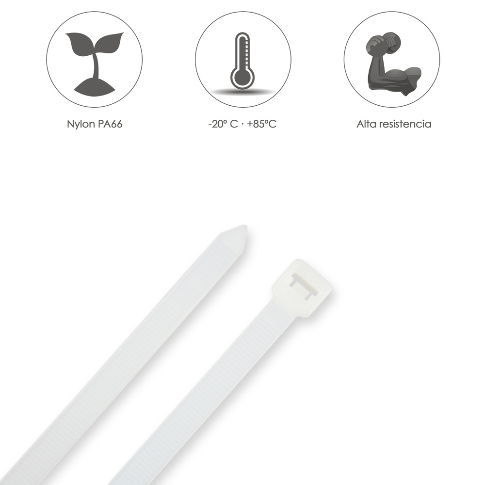 Brida Nylon 100%. Color Blanco / Natural 7,5 x 450 mm. 100 Piezas. Abrazadera Plastico, Organizador Cables, Alta Resistencia - Imagen 4