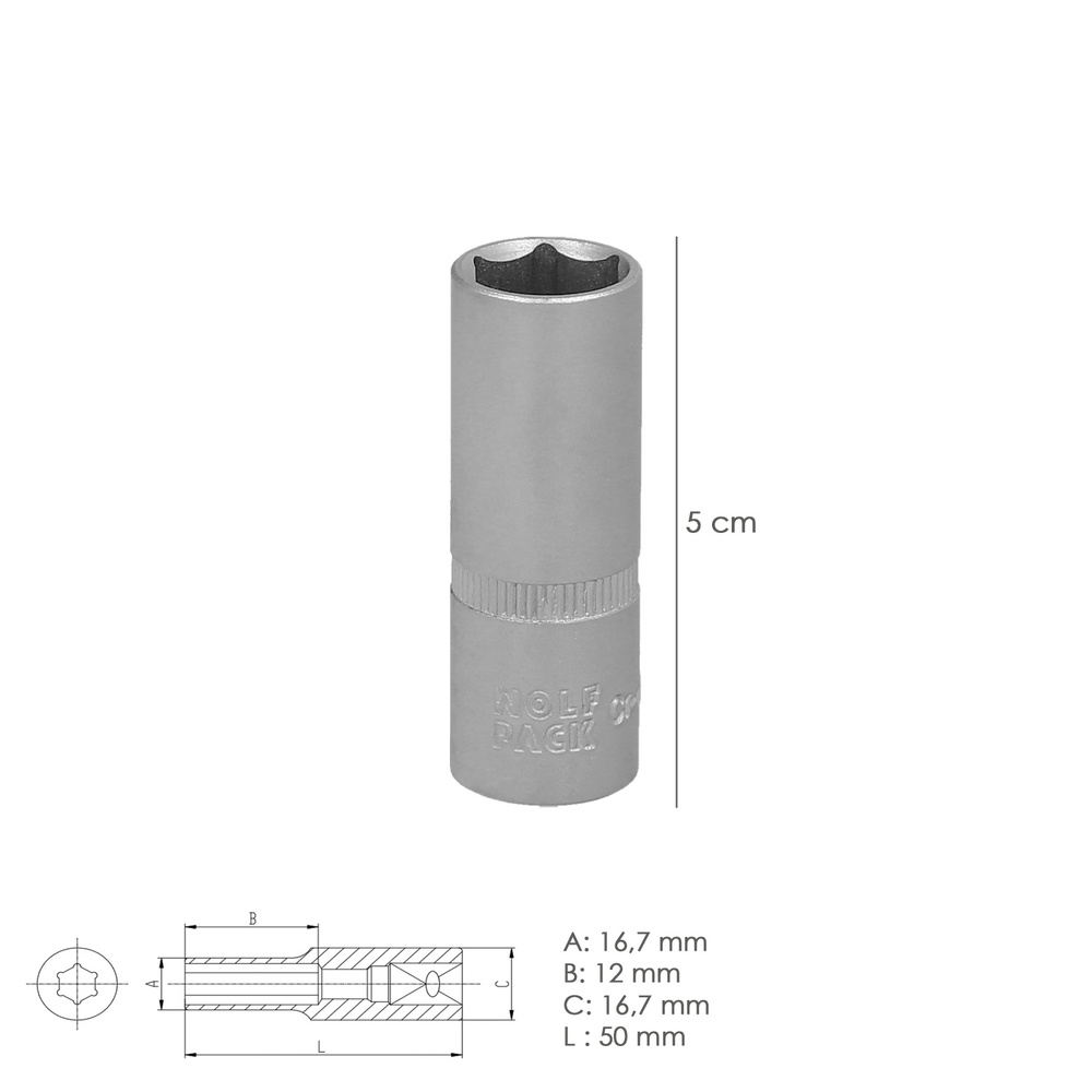 Llave Vaso 1/4" Hexagonal Larga 12 mm. Perfil de 6 caras. Acero Cromo Vanadio, Aristas Redondas - Imagen 2