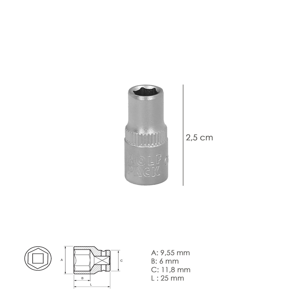 Llave Vaso 1/4" Hexagonal 6 mm. Perfil de 6 caras. Acero Cromo Vanadio, Aristas Redondas - Imagen 2