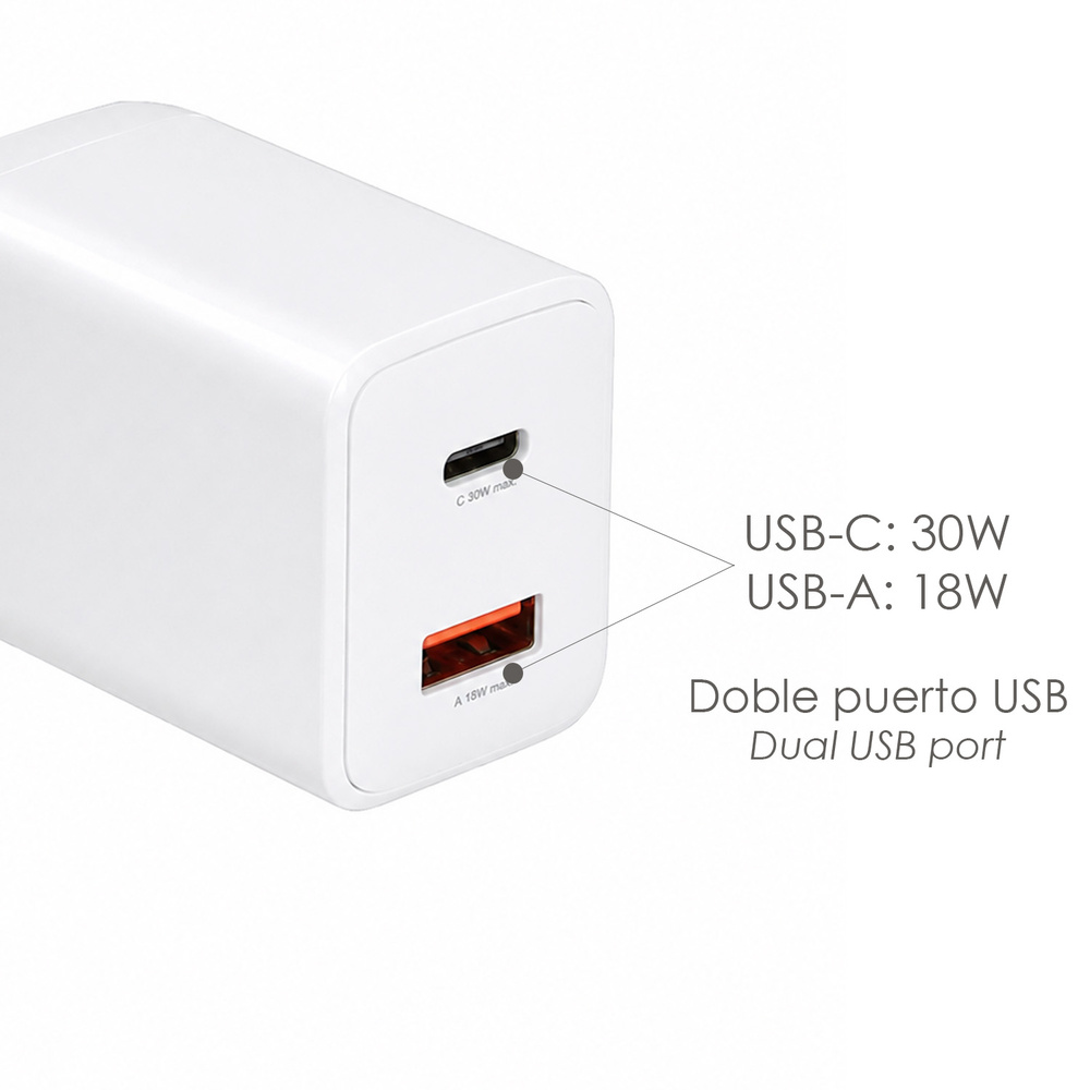 Cargador De Carga Rápida 30 W. Con Doble Puerto USB A y USB C - Imagen 3