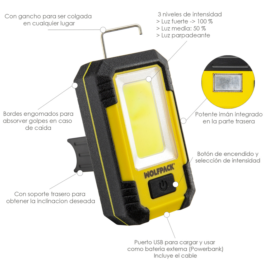 Linterna LED Profesional Compacta Engomada Bateria Recargable 500 Lumenes Con Función Powerbank, Iman, Soporte y Gancho - Imagen 2