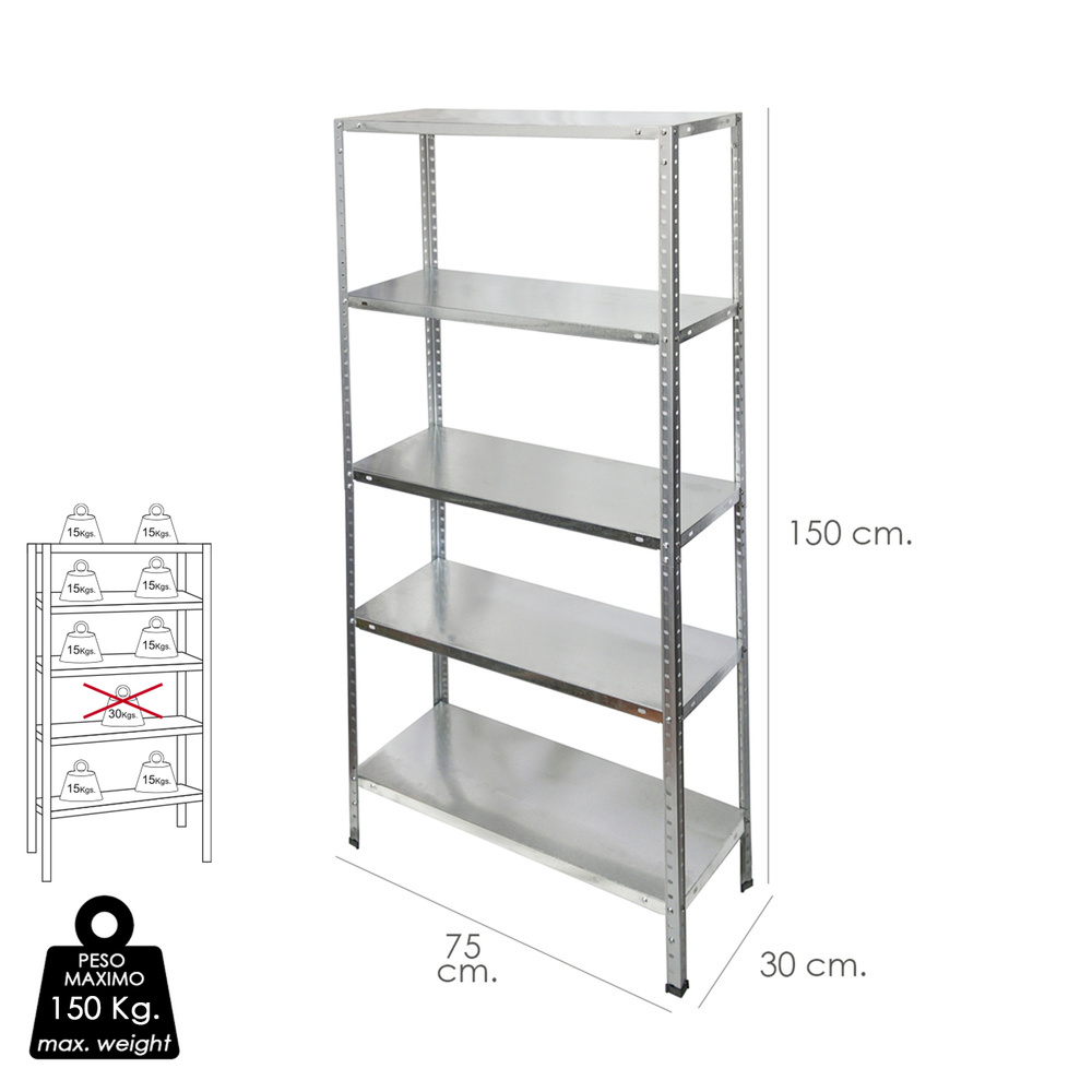 Estanteria Acero Galvanizado con 5 Baldas 150x75x30 cm. Baldas ajustables. Peso maximo 150 Kg. - Imagen 2