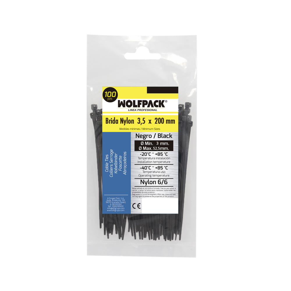 Brida Nylon 100%. Color Negro 3,5 x 200 mm. Bolsa 100 unidades. Abrazadera Plastico, Organizador Cables, Alta Resistencia - Imagen 5