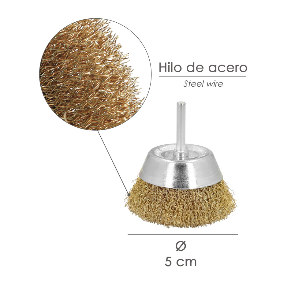 Cepillo Acero Latonado Para Taladro Taza Ø 50 mm. Espiga 1/4" Cepillo Taladro Alambre Latón, Cepillo Limpieza, Cepillo Pulir. - Imagen 2