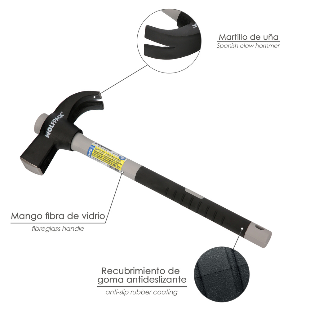 Martillo Uña Mango Fibra Vidrio Mango Fibra Vidrio Con Empuñadura Antideslizante. 600 Gramos 33 cm. - Imagen 3