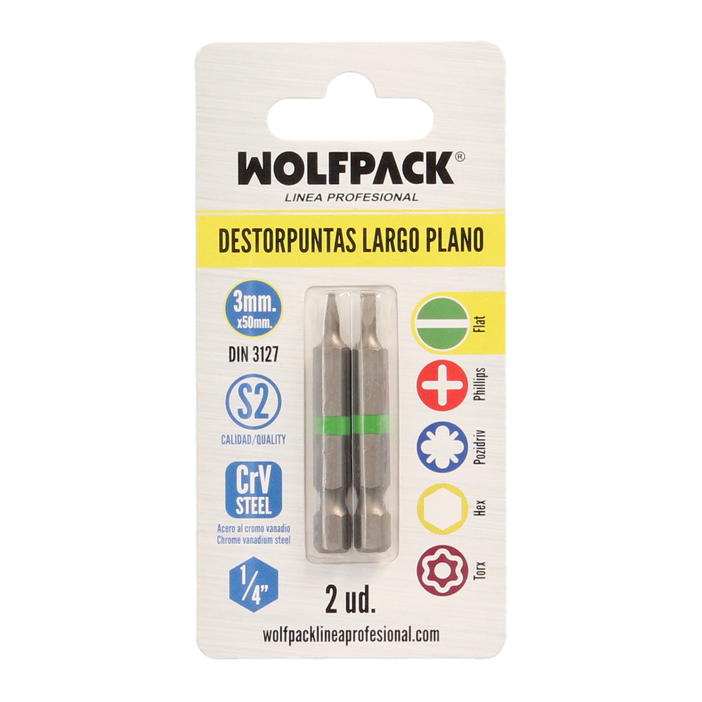 Puntas Destornillador Largo Plano 3 mm. (2 Piezas). Acero S2 al Cromo Vanadio. Puntas Hexagonales, Destorpuntas, - Imagen 3