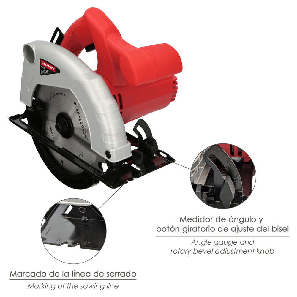 Sierra Circular 1300 Watt. Disco 185 mm. 4.800 RPM Corte a Inglete Con Regulador de Profundidad. Ingletadora, Sierra Madera. - Imagen 3
