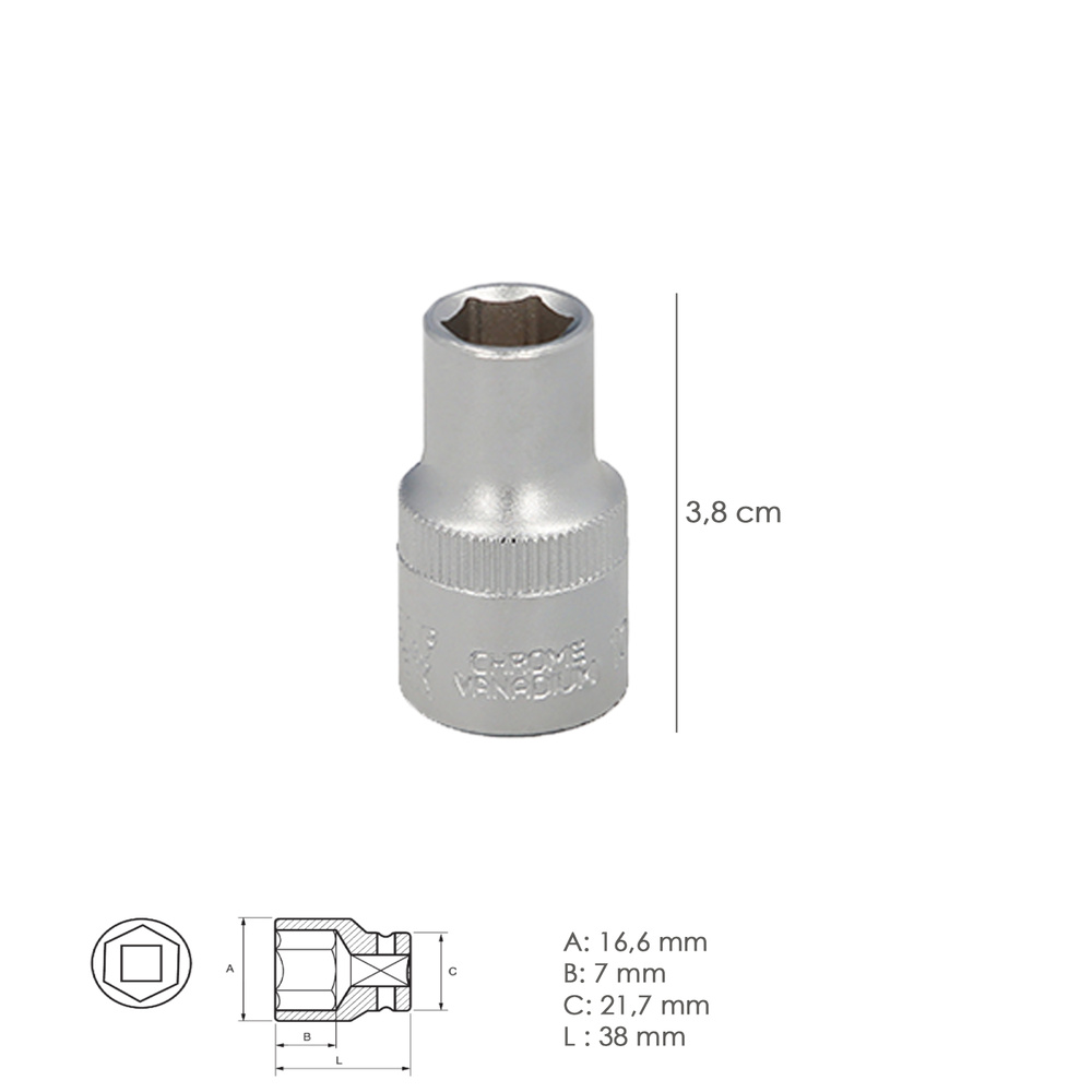 Llave Vaso 1/2" Hexagonal 11 mm. Perfil de 6 caras. Acero Cromo Vanadio, Aristas Redondas - Imagen 2