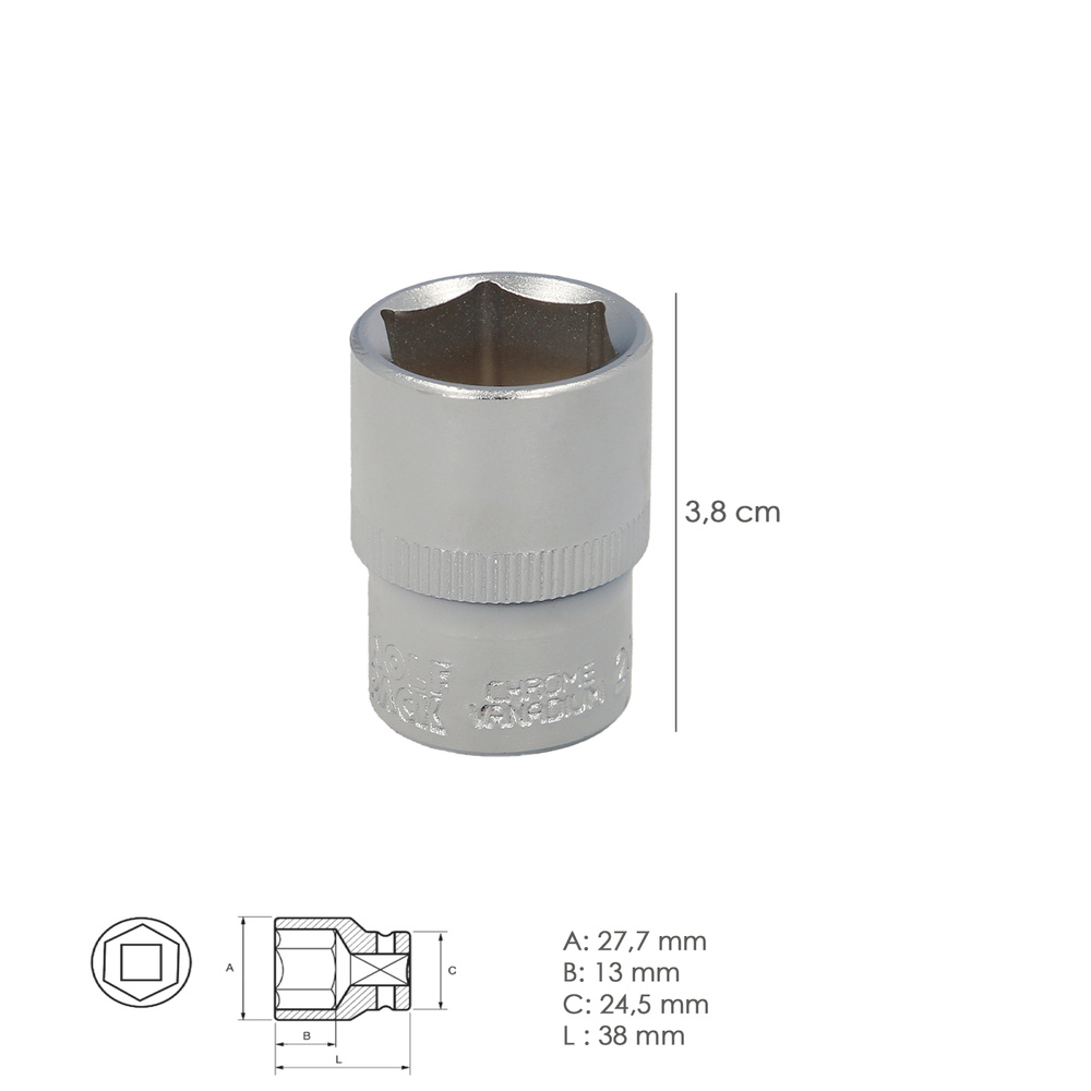 Llave Vaso 1/2" Hexagonal 21 mm. Perfil de 6 caras. Acero Cromo Vanadio, Aristas Redondas - Imagen 2