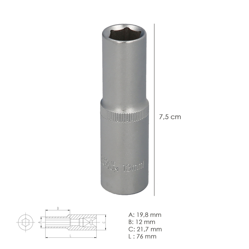 Llave Vaso 1/2" Hexagonal Larga 13 mm. Perfil de 6 caras. Acero Cromo Vanadio, Aristas Redondas - Imagen 2