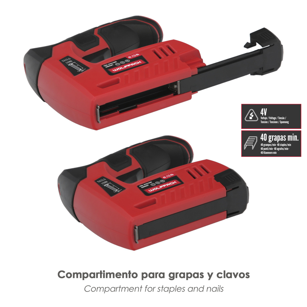 Clavadora Grapadora Recargable, Pistola Grapas y Clavos, Clavadora a Bateria, 1.500 mAh, 40 Grapas Minuto Con Grapas y Clavos - Imagen 4