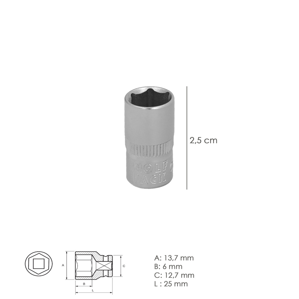 Llave Vaso 1/4" Hexagonal 10 mm. Perfil de 6 caras. Acero Cromo Vanadio, Aristas Redondas - Imagen 2