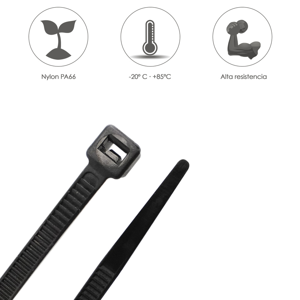 Brida Nylon 100%. Color Negro 4,5 x 200 mm. Bolsa 100 unidades. Abrazadera Plastico, Organizador Cables, Alta Resistencia - Imagen 4