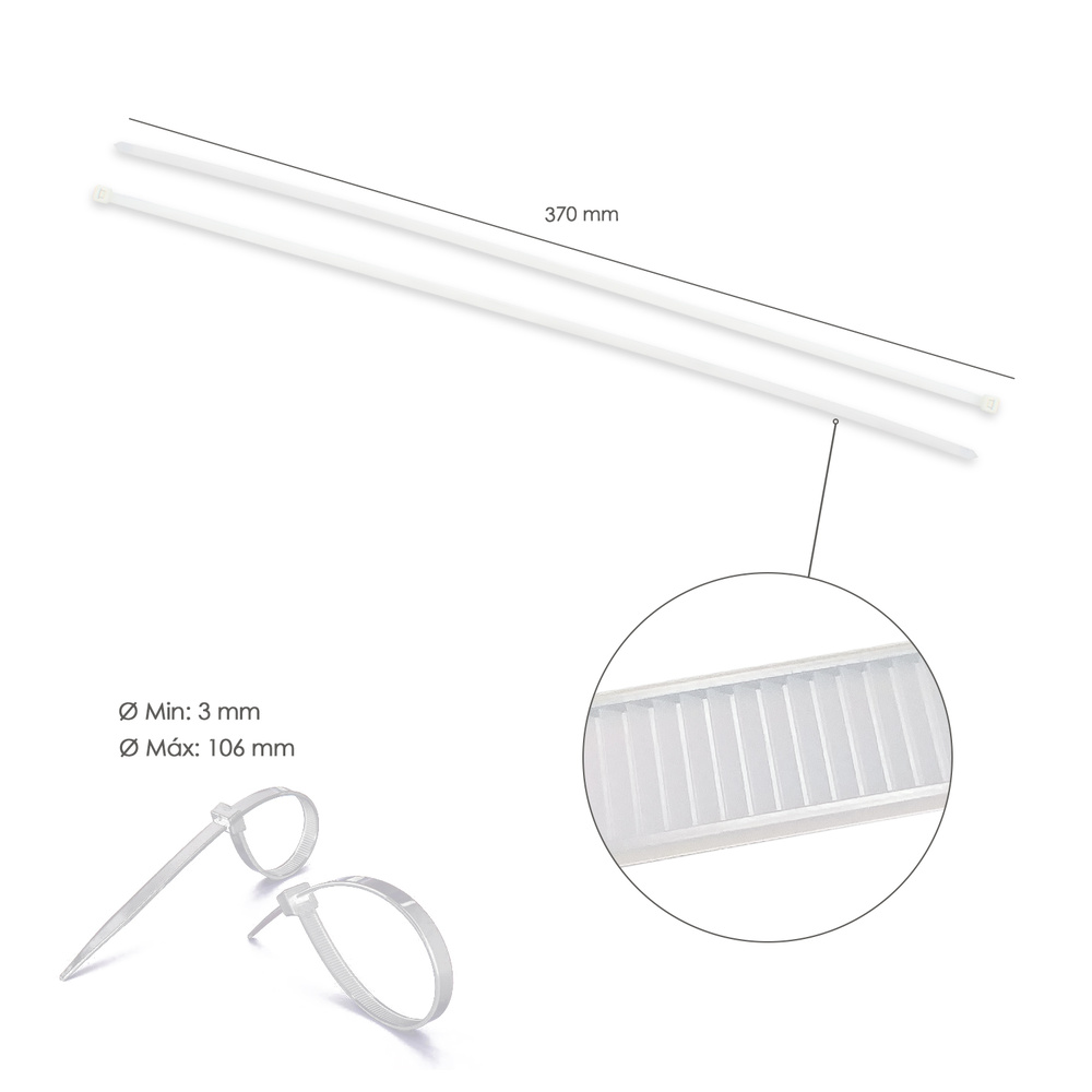 Brida Nylon 100%. Color Blanco / Natural 3,6 x 370 mm. 100 Piezas. Abrazadera Plastico, Organizador Cables, Alta Resistencia - Imagen 2