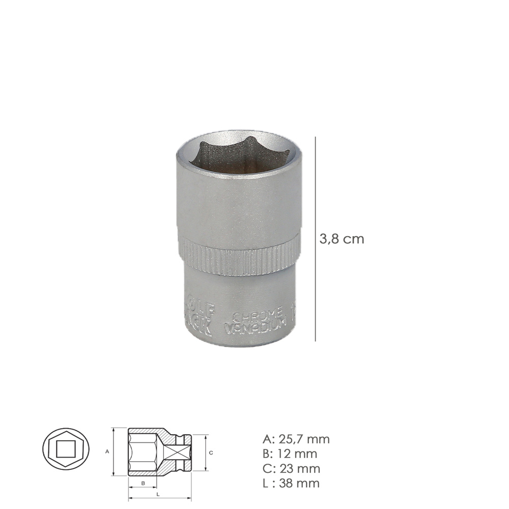 Llave Vaso 1/2" Hexagonal 18 mm. Perfil de 6 caras. Acero Cromo Vanadio, Aristas Redondas - Imagen 2