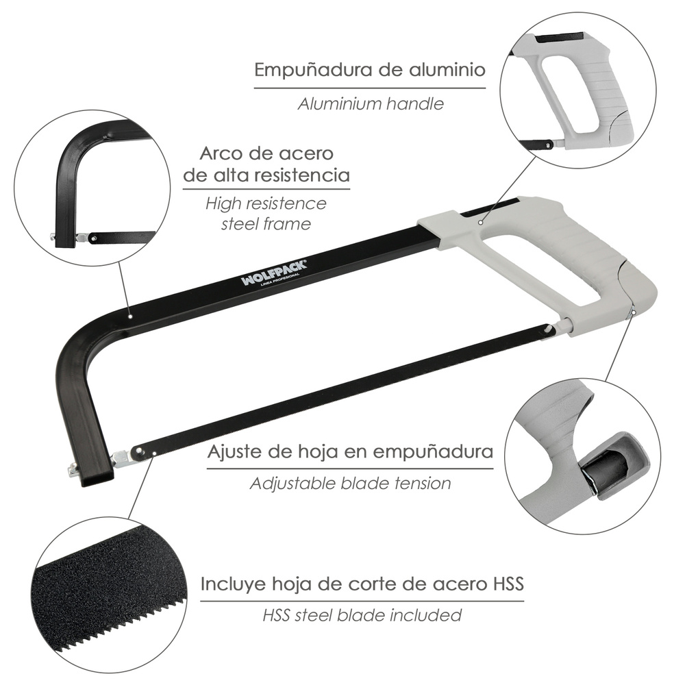 Arco Sierra Acero Con Empuñadura de Aluminio Angulo Corte Ajustable. Corta Acero, Aluminio, Madera, Plastico, Cobre - Imagen 3