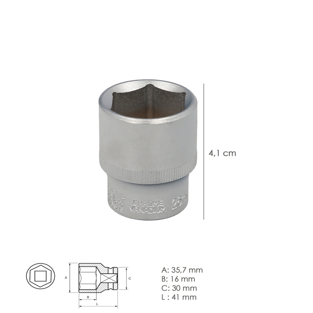 Llave Vaso 1/2" Hexagonal 26 mm. Perfil de 6 caras. Acero Cromo Vanadio, Aristas Redondas - Imagen 2