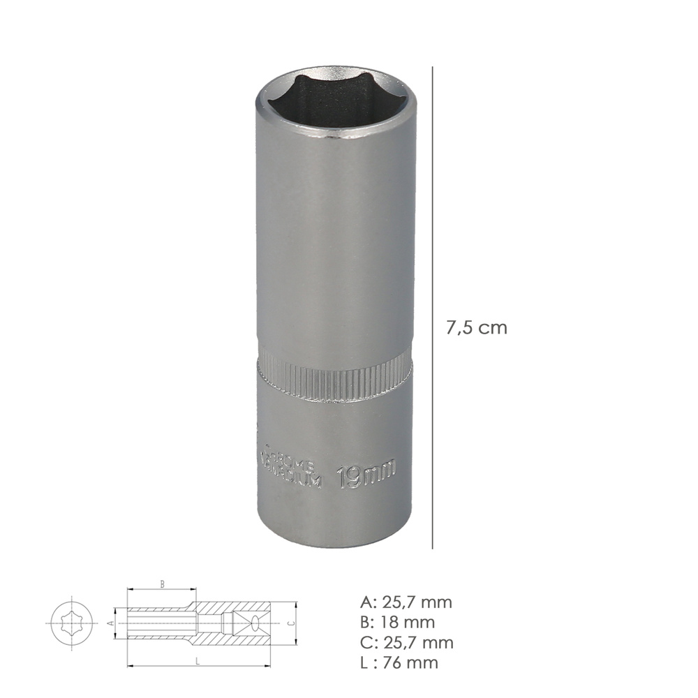 Llave Vaso 1/2" Hexagonal Larga 19 mm. Perfil de 6 caras. Acero Cromo Vanadio, Aristas Redondas - Imagen 2