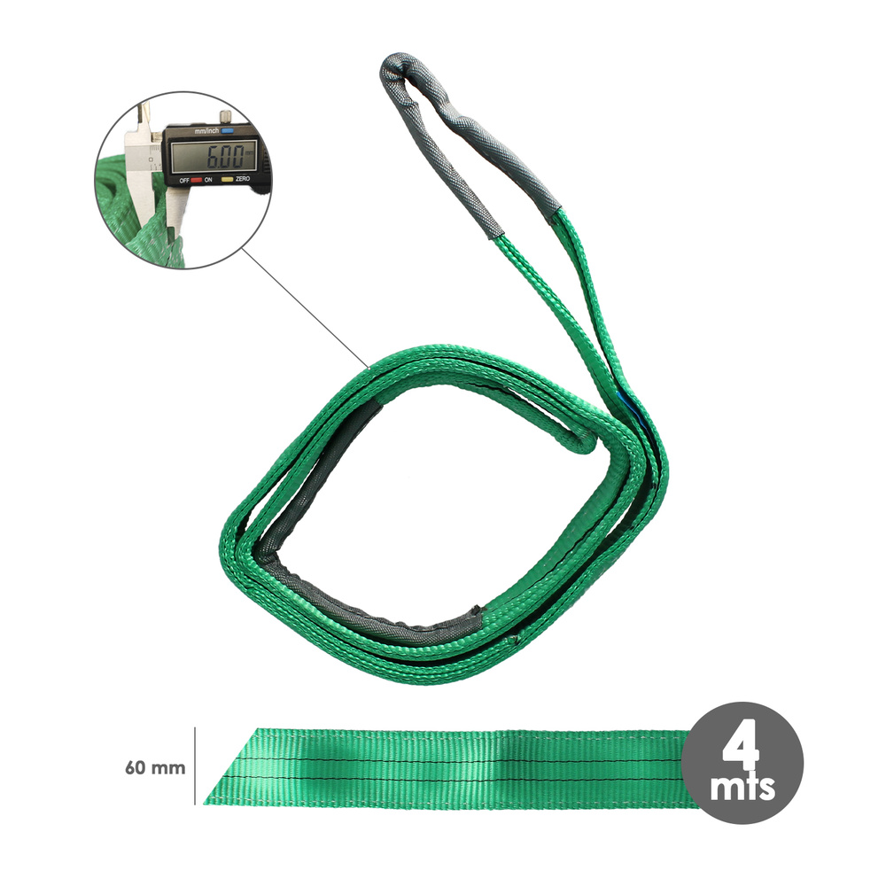 Eslinga Plana Doble Banda 2.000 Kg. Factor Seguridad 7:1, Longitud: 4 Metros Ancho 6 cm. 100% Poliester. Color Verde - Imagen 3