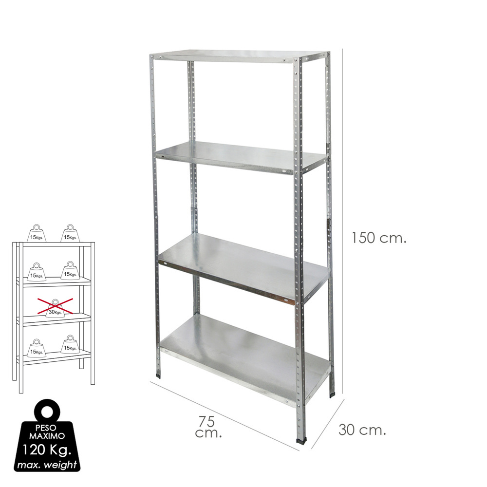 Estanteria Acero Galvanizado con 4 Baldas 150x75x30 cm. Baldas ajustables. Peso maximo 120 Kg. - Imagen 2