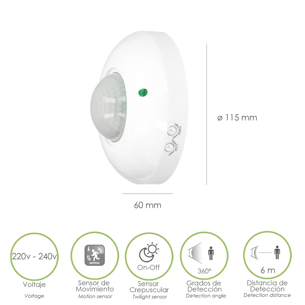 Detector De Movimiento Por Infrarrojos Con Sensor Crepuscular 360°. Ajustable - Imagen 2