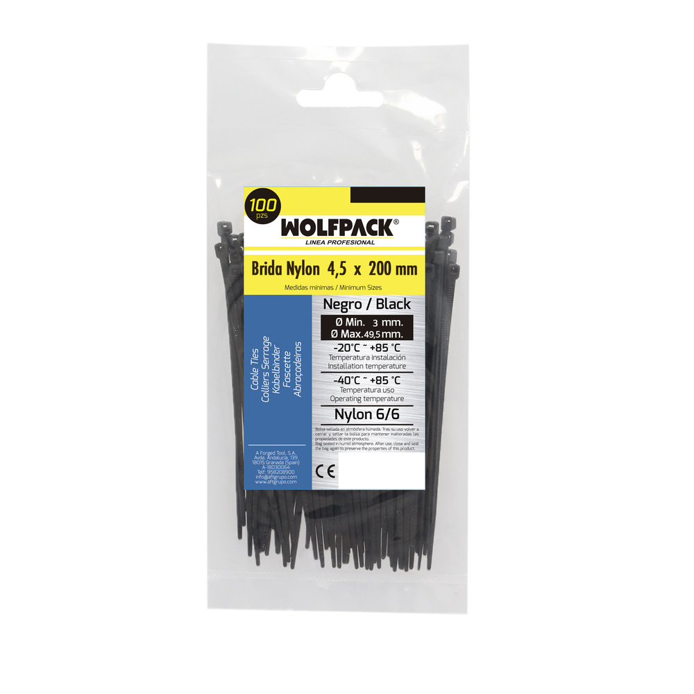 Brida Nylon 100%. Color Negro 4,5 x 200 mm. Bolsa 100 unidades. Abrazadera Plastico, Organizador Cables, Alta Resistencia - Imagen 5