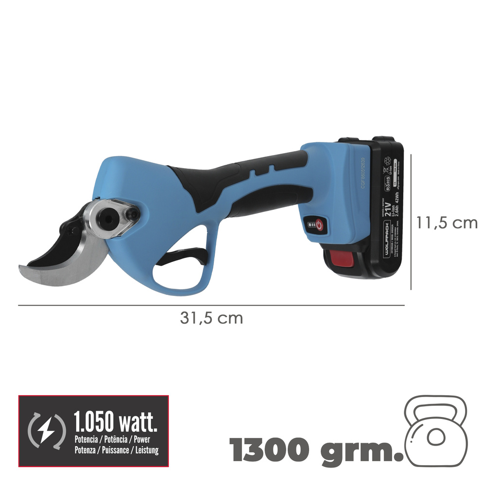 Tijeras Podar A Bateria 21 Volt. Con 2 Baterias 2 A/h Mango Engomado, Ø Corte 40 mm.Con Maletín - Imagen 2