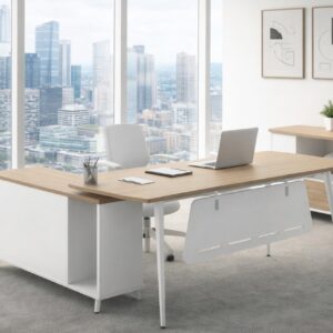 Mesa de oficina AREZZO 180, con mueble auxiliar, blanco y roble, 180 x 176,5 cms