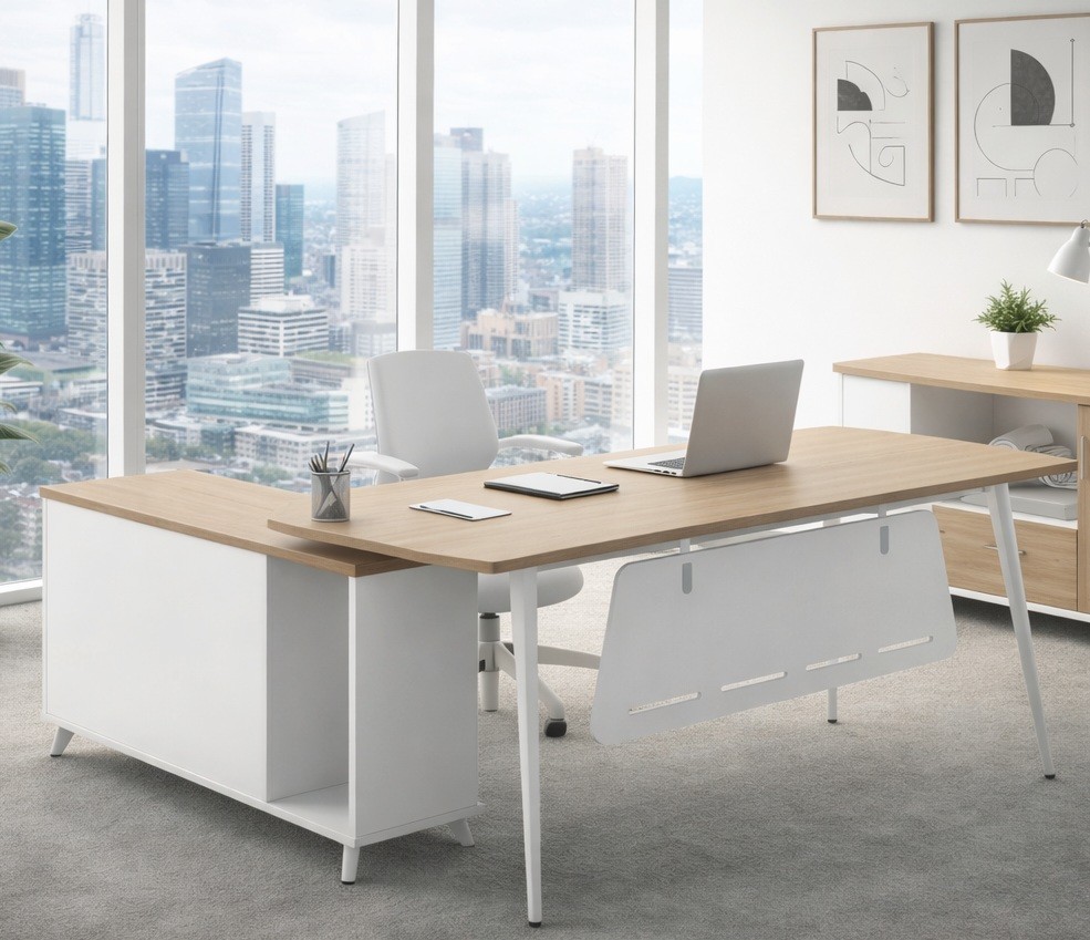 Mesa de oficina AREZZO 180, con mueble auxiliar, blanco y roble, 180 x 176,5 cms
