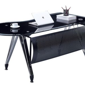 Mesa de oficina MAGNA, forma a derecha, vidrio templado negro, 180 x 85 cms