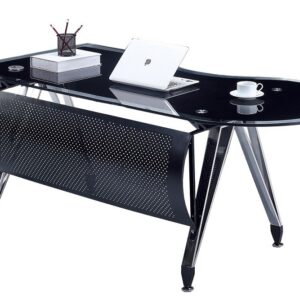 Mesa de oficina MAGNA, forma a izquierda, vidrio templado negro, 180 x 85 cms