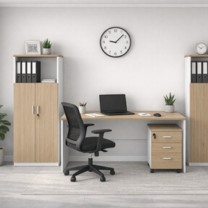 Mesa de oficina VOLPI 160, blanco y roble, 160 x 80 cms