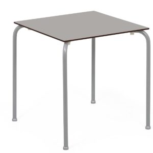 Mesa FERAY, apilable, epoxi plata, tablero fenólico gris claro, 69 x 69 cms.