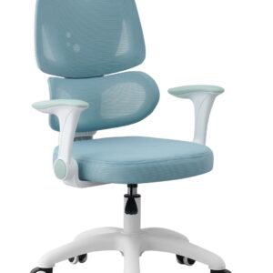 Silla de estudio CHAMONIX, blanca, brazos, ergonómica, regulación de altura, malla y asiento azul