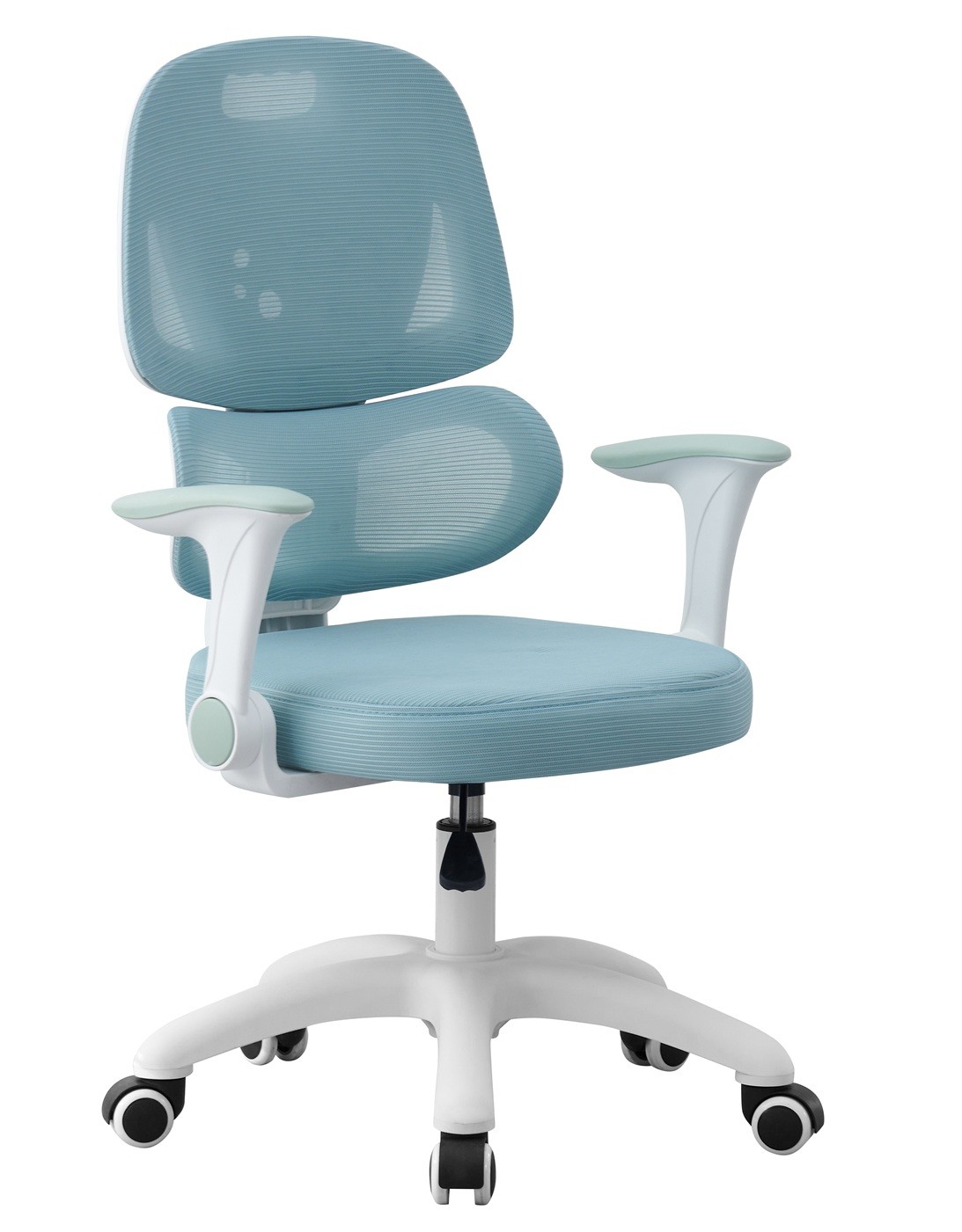 Silla de estudio CHAMONIX, blanca, brazos, ergonómica, regulación de altura, malla y asiento azul